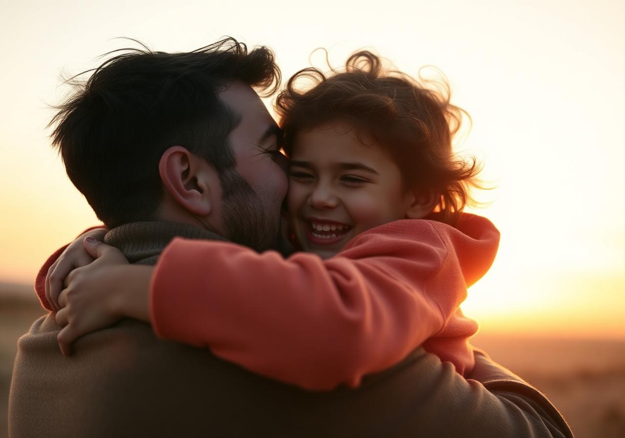 Father embracing his child at sunset